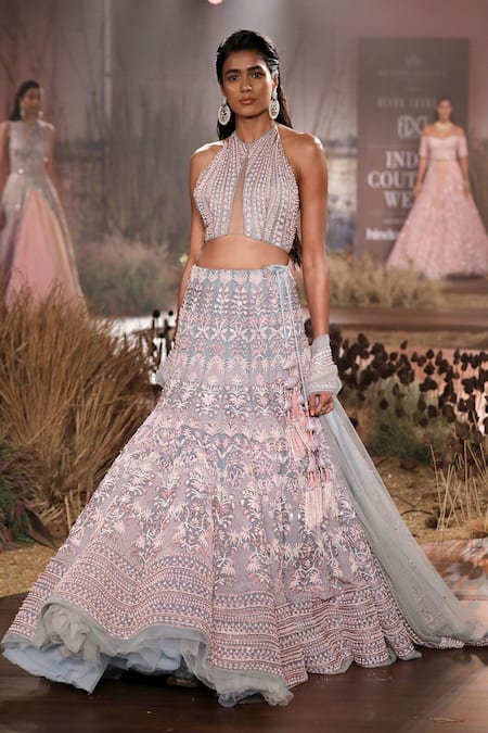 Reynu Taandon Blue Net Embroidered Bridal Lehenga Set 