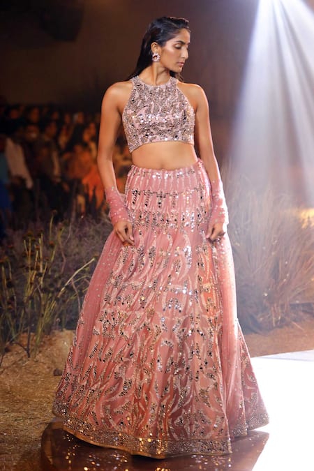 Shop Reynu Taandon Pink Chanderi Silk Embroidered Bridal Lehenga Set at Aza Fashions Shop_Reynu Taandon_Pink Chanderi Silk Embroidered Bridal Lehenga Set _at_Aza_Fashions