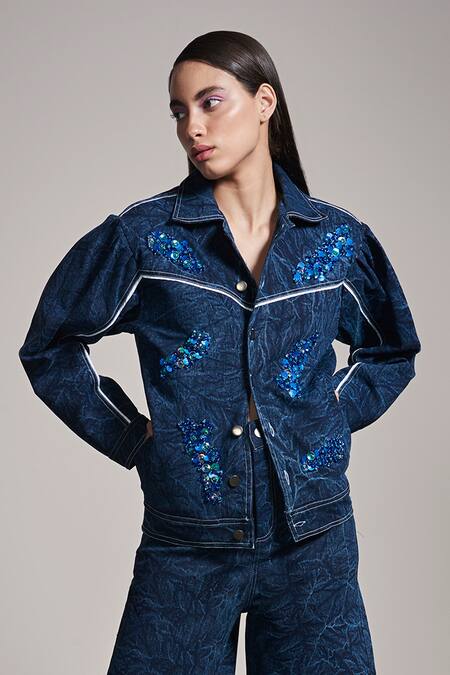 Mellowdrama_Blue Denim Jacket And Bell Bottoms Set_Online_at_Aza_Fashions