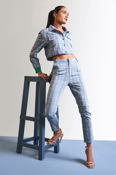 Mellowdrama Grey Cotton Collared Neck Checkered Cropped Shirt And Pant Set 