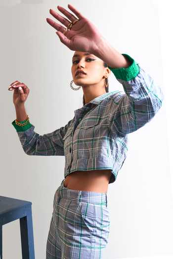 Mellowdrama_Grey Cotton Collared Neck Checkered Cropped Shirt And Pant Set_Online_at_Aza_Fashions