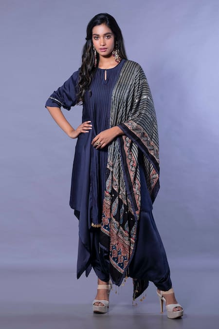 PRAHNAAYA Satin Kurta Set With Ajrakh Dupatta 