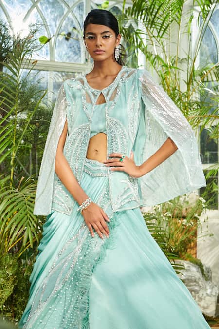 Kamaali Couture Draped Lehenga Set With Cape 