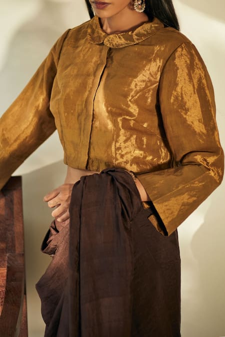 Shorshe Clothing Gold Handloom Tissue Peter Pan Blouse