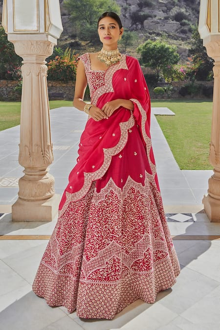 Hot pink raw silk embroidered lehenga with embroidered blouse paired w –  Issa Studio