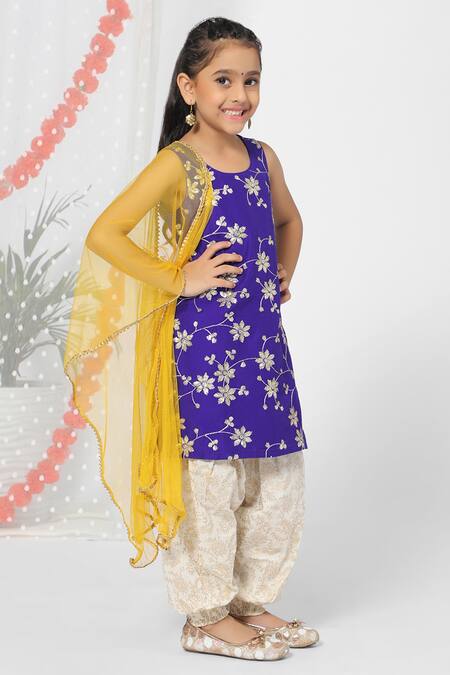 Minichic_Blue Net Embroidered Kurta Set _Online_at_Aza_Fashions