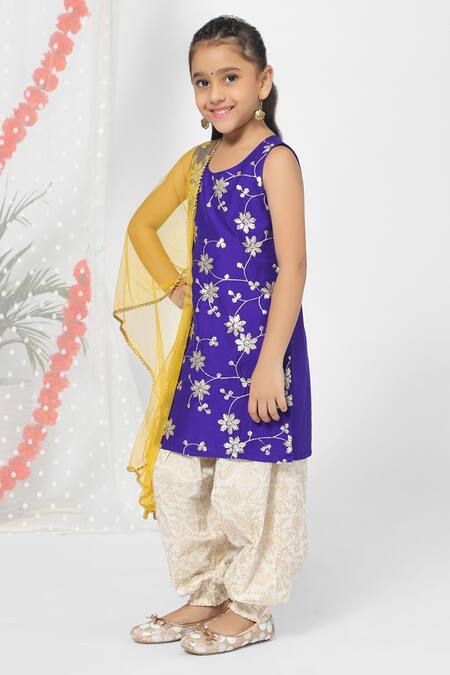 Buy_Minichic_Blue Net Embroidered Kurta Set _Online_at_Aza_Fashions