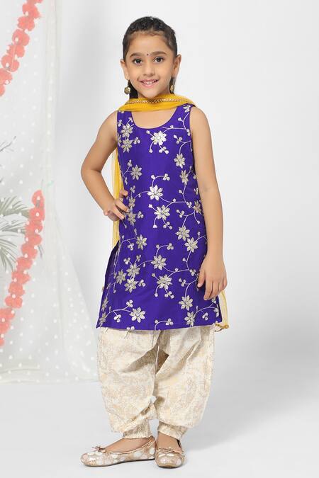 Shop_Minichic_Blue Net Embroidered Kurta Set _Online_at_Aza_Fashions