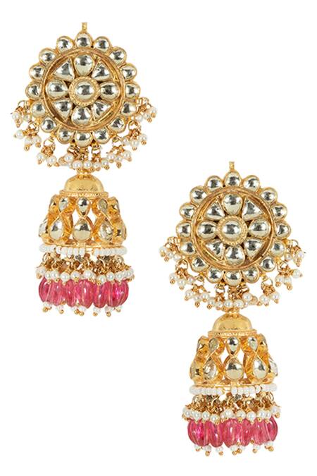 Shop_Mortantra_Gold Plated Jadau Stone Jhumkas_at_Aza_Fashions