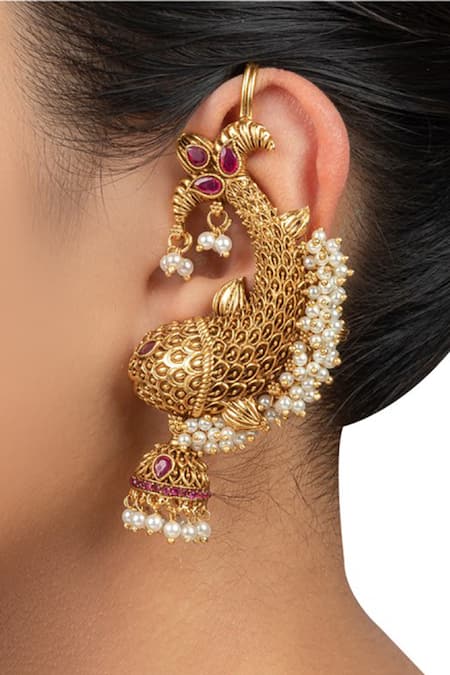 Rubans 22K Gold Plated Pearl Dangle Kundan Statement Jhumka Earrings