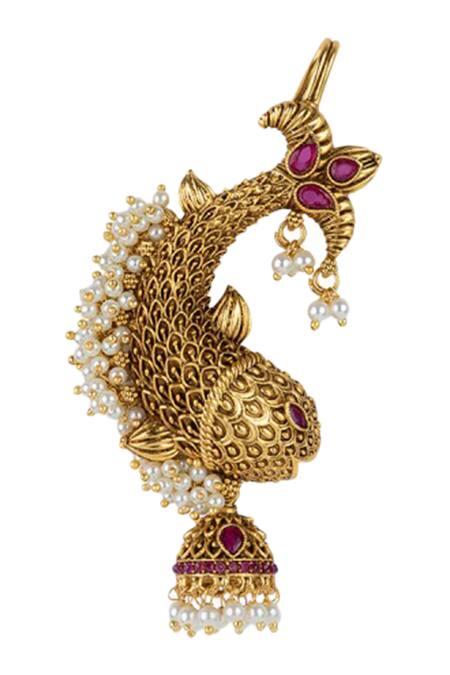 Mortantra Gold Plated Stone Carved Jhumka Ear Cuffs Online at Aza Fashions Mortantra_Gold Plated Stone Carved Jhumka Ear Cuffs_Online_at_Aza_Fashions