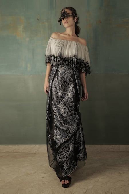 Nidhi Yasha Off Shoulder Abstract Print Gown 