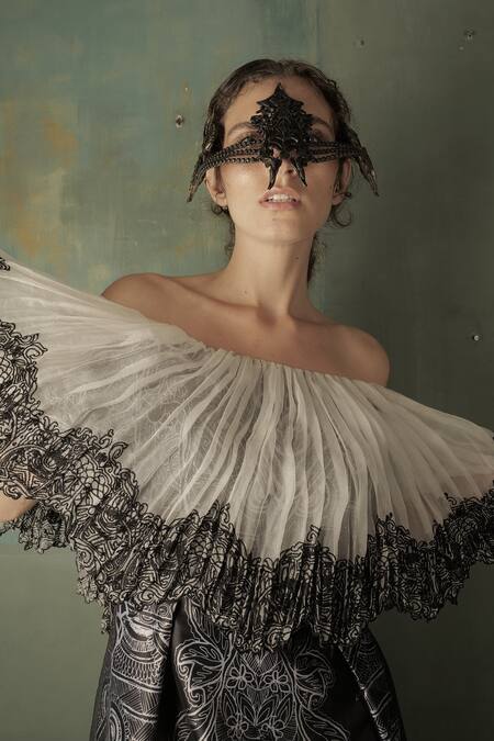 Nidhi Yasha_Black Viscose Printed Abstract Carmen Off Shoulder Gown  _Online_at_Aza_Fashions