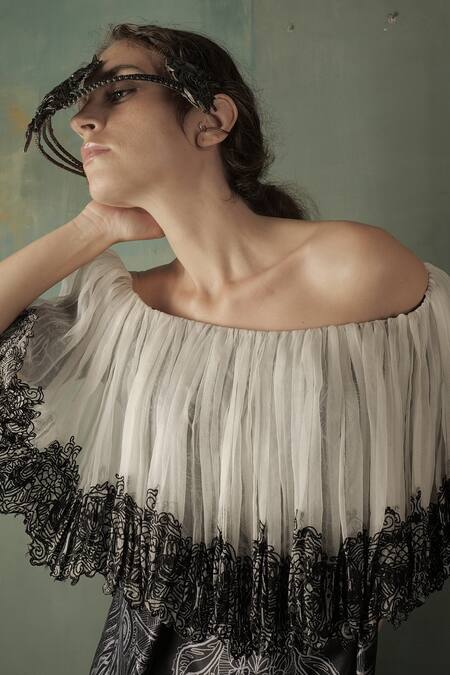 Buy_Nidhi Yasha_Black Viscose Printed Abstract Carmen Off Shoulder Gown  _Online_at_Aza_Fashions