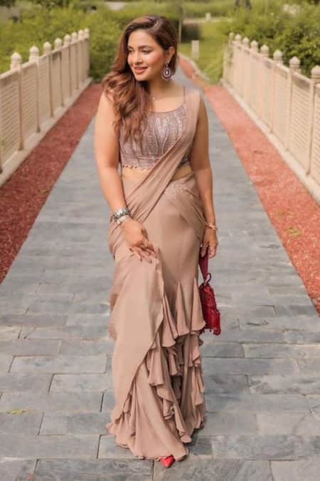 Buy_Jade By Ashima_Grey Blouse Dupion  Saree Crepe Round Draped Ruffle With _Online_at_Aza_Fashions