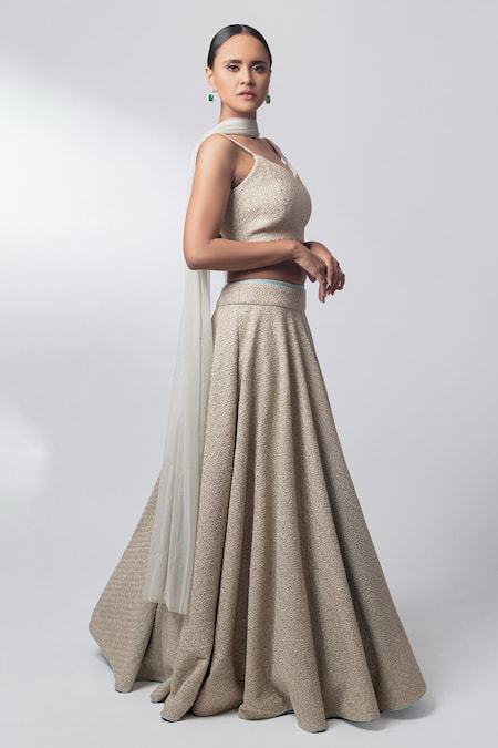 Nautanky_Green Silk, Net V Neck Lehenga Set _Online_at_Aza_Fashions