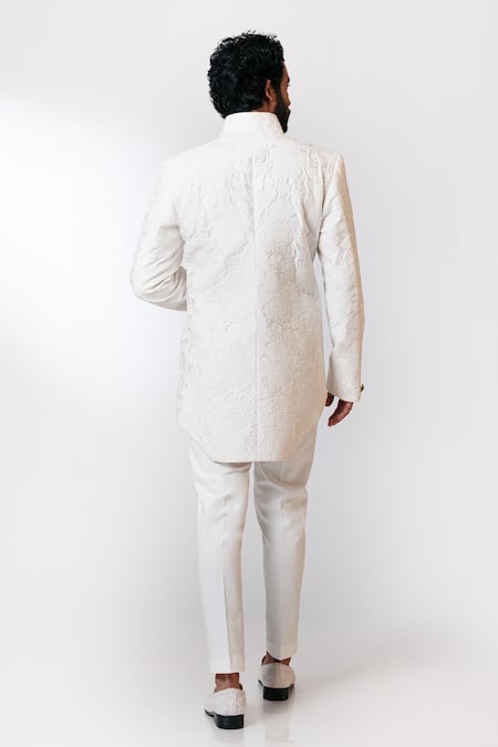 Shop Nautanky White Chanderi, Cotton Satin Lycra Sherwani Set at Aza Fashions Shop_Nautanky_White Chanderi, Cotton Satin Lycra Sherwani Set _at_Aza_Fashions