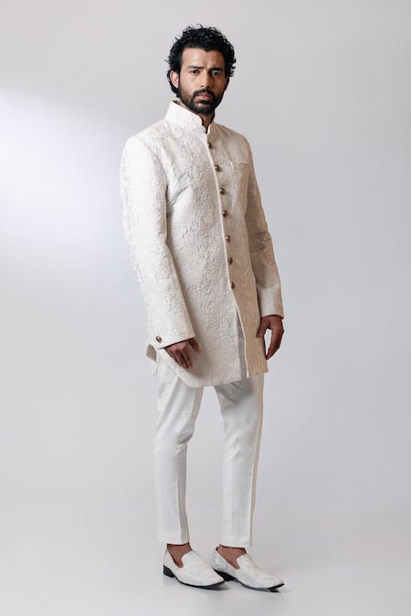 Nautanky White Chanderi, Cotton Satin Lycra Sherwani Set Online at Aza Fashions Nautanky_White Chanderi, Cotton Satin Lycra Sherwani Set _Online_at_Aza_Fashions