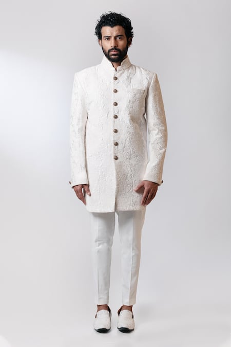 Buy Nautanky White Chanderi, Cotton Satin Lycra Sherwani Set Online at Aza Fashions Buy_Nautanky_White Chanderi, Cotton Satin Lycra Sherwani Set _Online_at_Aza_Fashions