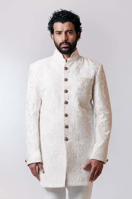 Shop Nautanky White Chanderi, Cotton Satin Lycra Sherwani Set Online at Aza Fashions Shop_Nautanky_White Chanderi, Cotton Satin Lycra Sherwani Set _Online_at_Aza_Fashions