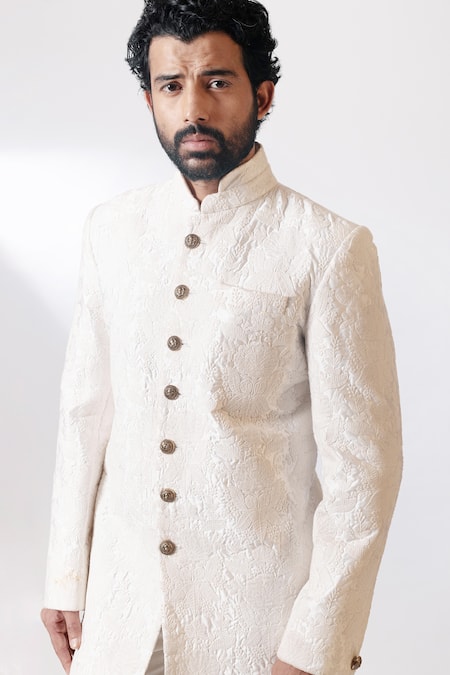 Nautanky White Chanderi, Cotton Satin Lycra Sherwani Set at Aza Fashions Nautanky_White Chanderi, Cotton Satin Lycra Sherwani Set _at_Aza_Fashions