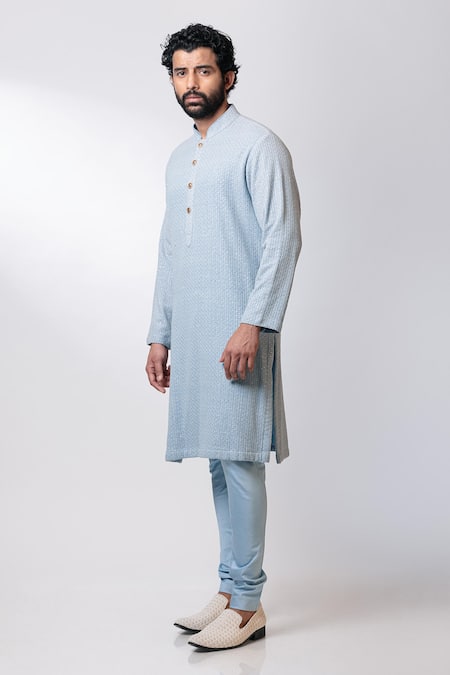 Nautanky_Blue Chanderi Silk, Cotton Satin Lycra Kurta Set _Online_at_Aza_Fashions