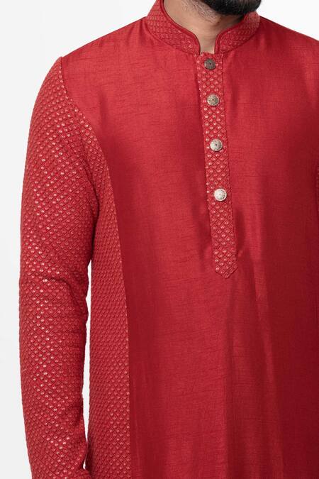 Nautanky_Red Chanderi Silk, Cotton Satin Lycra Kurta Set _at_Aza_Fashions