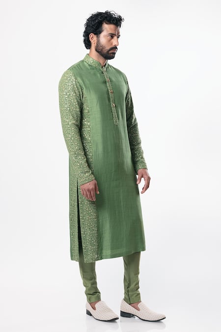 Nautanky_Green Chanderi Silk, Cotton Satin Lycra Kurta Set _Online_at_Aza_Fashions