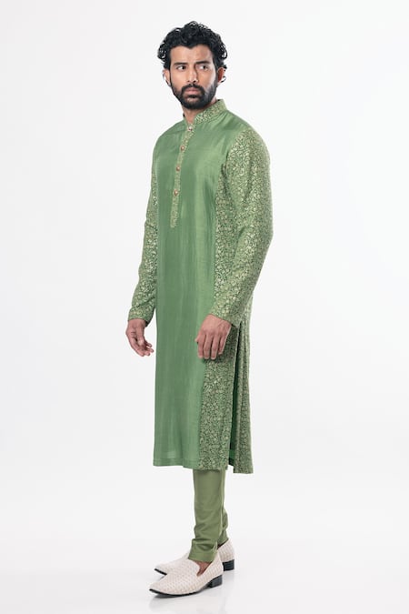 Buy_Nautanky_Green Chanderi Silk, Cotton Satin Lycra Kurta Set _Online_at_Aza_Fashions