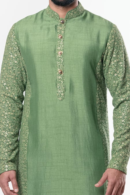 Shop_Nautanky_Green Chanderi Silk, Cotton Satin Lycra Kurta Set _Online_at_Aza_Fashions