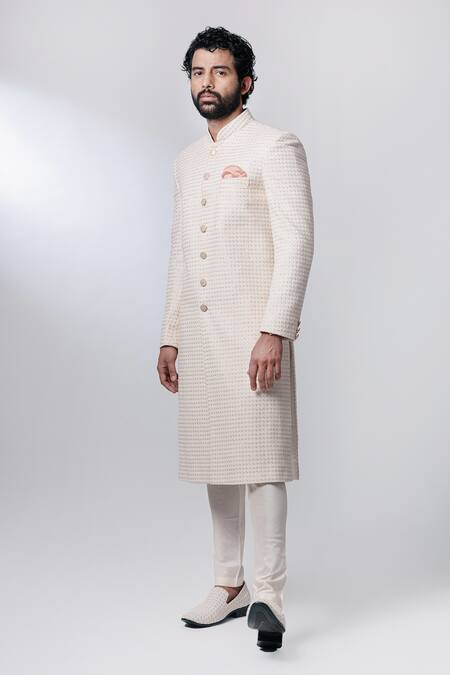 Nautanky White Chanderi, Cotton Satin Lycra Sherwani Set Online at Aza Fashions Nautanky_White Chanderi, Cotton Satin Lycra Sherwani Set _Online_at_Aza_Fashions