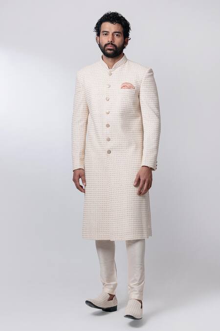 Buy Nautanky White Chanderi, Cotton Satin Lycra Sherwani Set Online at Aza Fashions Buy_Nautanky_White Chanderi, Cotton Satin Lycra Sherwani Set _Online_at_Aza_Fashions