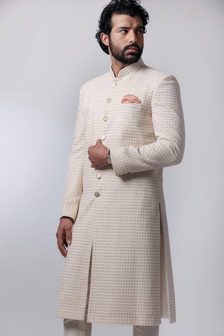 Shop Nautanky White Chanderi, Cotton Satin Lycra Sherwani Set Online at Aza Fashions Shop_Nautanky_White Chanderi, Cotton Satin Lycra Sherwani Set _Online_at_Aza_Fashions