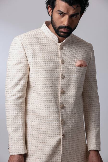 Nautanky White Chanderi, Cotton Satin Lycra Sherwani Set at Aza Fashions Nautanky_White Chanderi, Cotton Satin Lycra Sherwani Set _at_Aza_Fashions