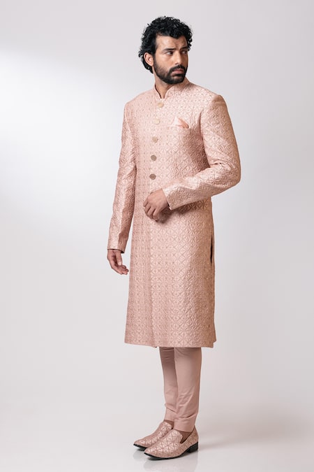 Buy_Nautanky_Peach Chanderi, Cotton Satin Lycra Sherwani Set _Online_at_Aza_Fashions