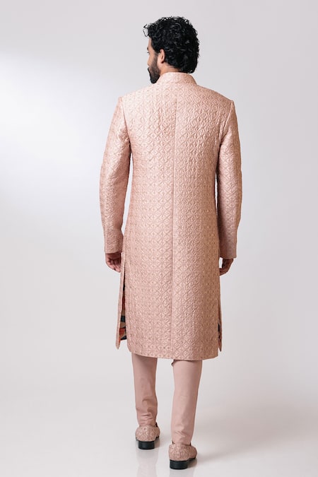 Shop_Nautanky_Peach Chanderi, Cotton Satin Lycra Sherwani Set _Online_at_Aza_Fashions