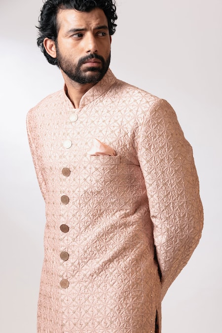 Nautanky_Peach Chanderi, Cotton Satin Lycra Sherwani Set _at_Aza_Fashions