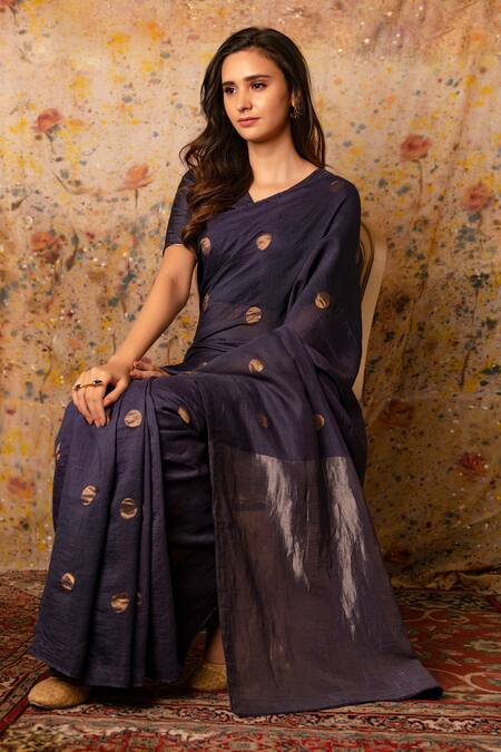 Buy_Vaani Beswal_Blue Handwoven Zari Silk Jamdani Polka Dots Meher Saree _Online_at_Aza_Fashions