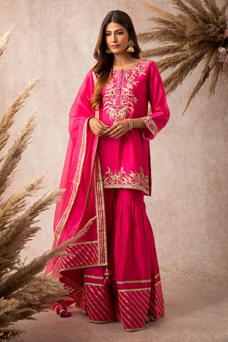 Ajiesh Oberoi Pink Chanderi Round Kurta Sharara Set 