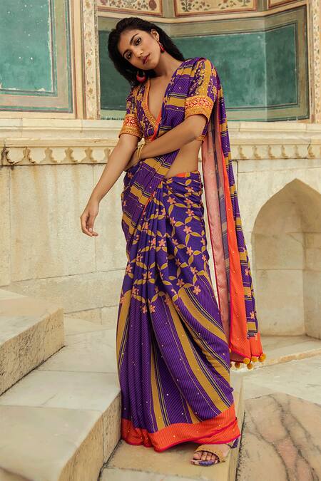 Buy Purple Georgette Banarasi Sari Online in USA | Yellow Zari Border –  Pure Elegance