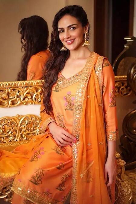 Shop_Gulabo Jaipur_Orange Opada Silk Dupatta Chiffon Leaf Neck Mehreen Floral Print Kurta Set_Online_at_Aza_Fashions