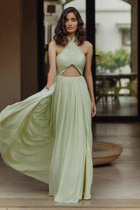 Pinup By Astha_Green Flat Chiffon Plain Halter Meira Ruched Gown _Online_at_Aza_Fashions