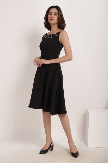 Shop_Ranng Label_Black Luxury Crepe Embroidered Floral Motifs Square Neck Dress_Online_at_Aza_Fashions