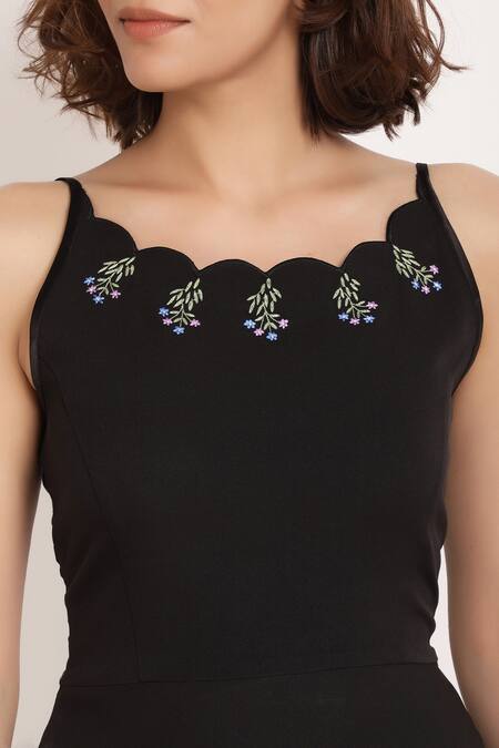 Ranng Label_Black Luxury Crepe Embroidered Floral Motifs Square Neck Dress_at_Aza_Fashions