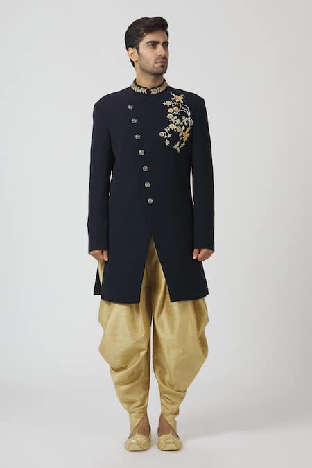 Kommal Sood_Black Blended Wool And Cupro Embroidered Sherwani With Dhoti Pant  _Online_at_Aza_Fashions