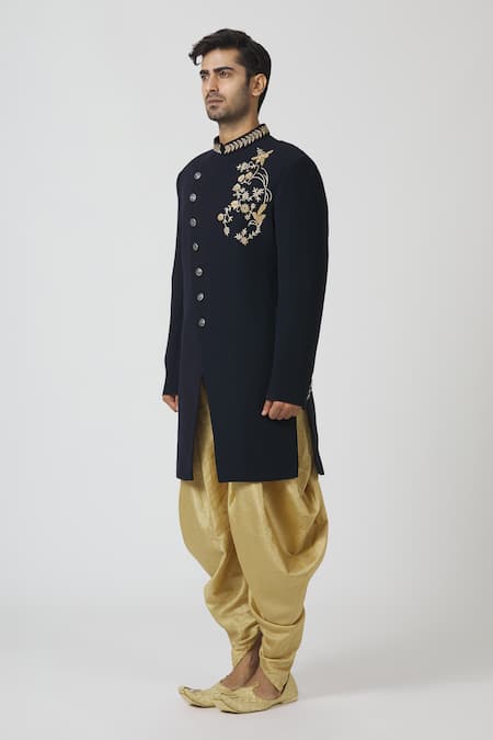 Buy_Kommal Sood_Black Blended Wool And Cupro Embroidered Sherwani With Dhoti Pant  _Online_at_Aza_Fashions