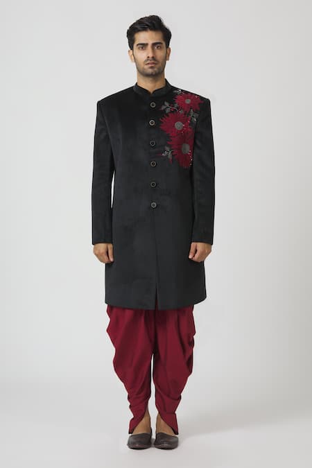 Kommal Sood_Black Cupro Embroidered Sherwani With Dhoti Pant  _Online_at_Aza_Fashions