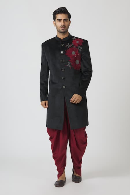 Buy_Kommal Sood_Black Cupro Embroidered Sherwani With Dhoti Pant  _Online_at_Aza_Fashions