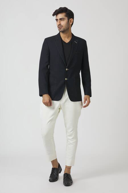 Kommal Sood_Blue Blended Wool And Cupro, Suede Embroidered Blazer With Pant_Online_at_Aza_Fashions