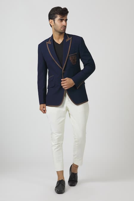Buy Kommal Sood Blue Cotton Silk, Blended Wool And Cupro Embroidered Blazer With Pant Online at Aza Fashions Buy_Kommal Sood_Blue Cotton Silk, Blended Wool And Cupro Embroidered Blazer With Pant_Online_at_Aza_Fashions